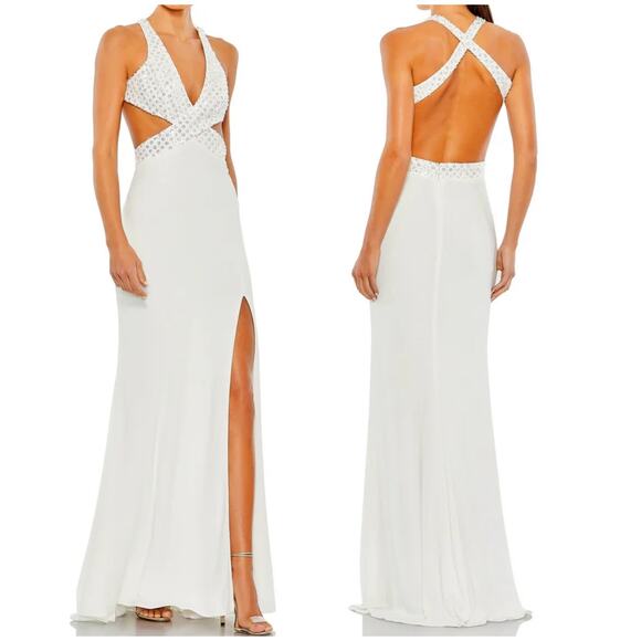 Mac Duggal NWT Floral Sequined Criss Cross Bodice Gown Size 10 White Cutout - Picture 1 of 8